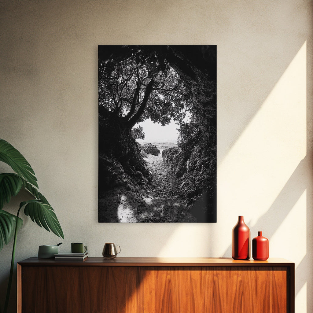Hidden Beach, Cave Entrance, Secret Shoreline, Natural Light, Canvas Print, Bathroom Wall Decor, Travel Inspired Art, Black And White