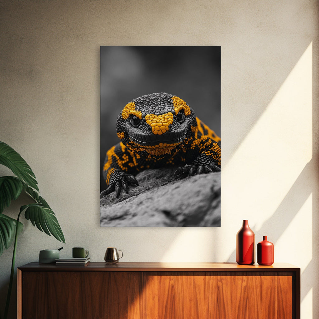 Lizard Close Up, Yellow and Black, Reptile Macro, Framed Canvas Print, Nature Photography, Animal Art, Man Cave Wall Art, Wildlife Decor