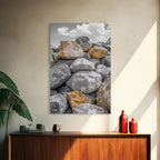 Golden Boulders, Earthy Texture, Nature Stones, Framed Canvas Print, Industrial Office Wall Art, Minimalist Landscape, Rock Photography