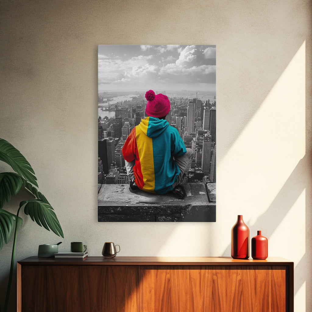 Urban View, Colorful Hoodie, NYC Vibes, Canvas Print, Cityscape Wall Art, Street Style Decor, Modern Apartment Statement Art