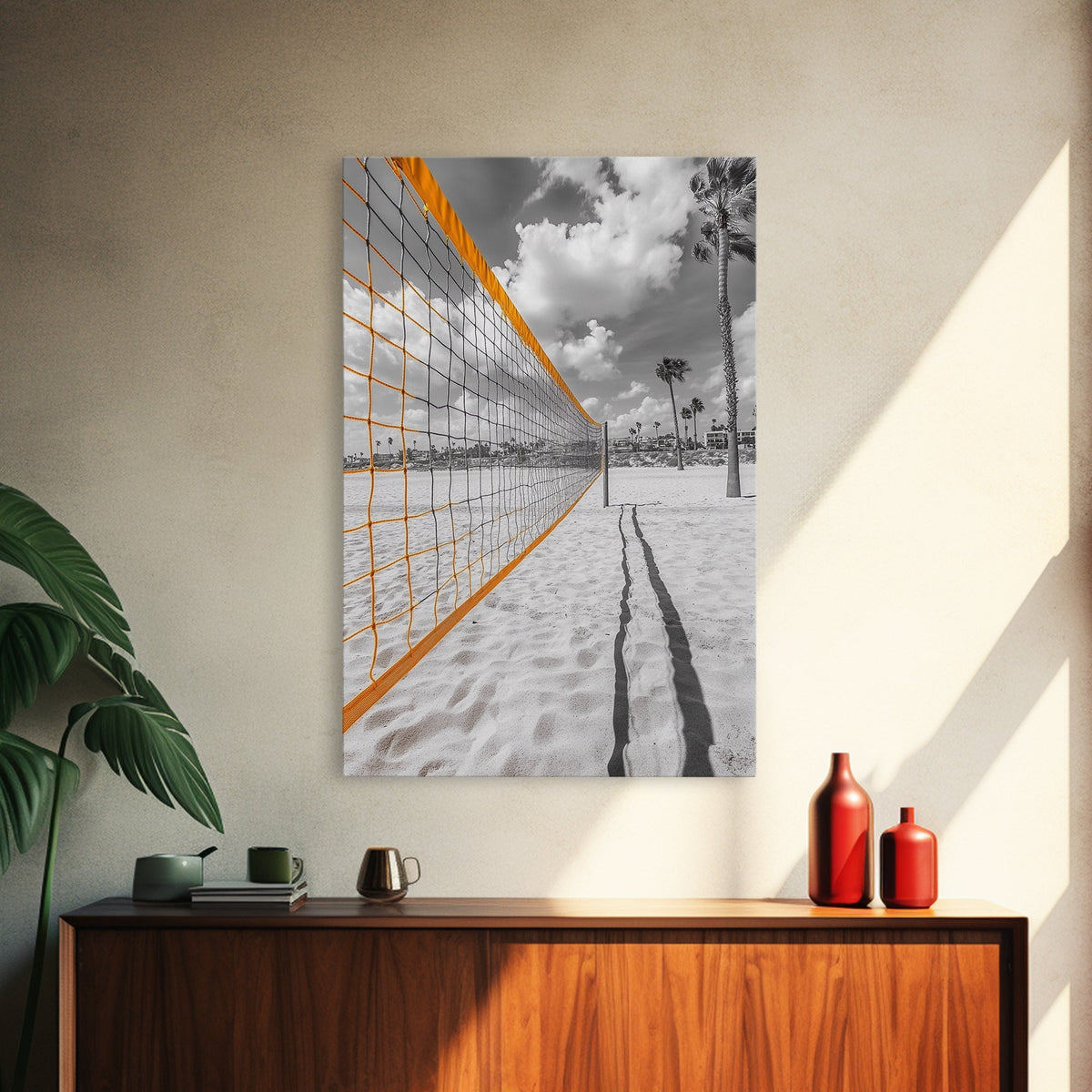 Volleyball Court, Sand and Net, Coastal Play, Framed Canvas Print, Sports Wall Art, Teen Room Decor, Summer Athletic Beach Vibes