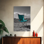 Teal Camp Chair, Outdoor Minimalism, Desert Art, Canvas Print, Camping Wall Decor, Nature Photo, Rustic Retreat, Cabin Wall Art