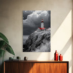 Stormy Lighthouse, Red Roof, Dramatic Coastline, Canvas Print, Coastal Wall Decor, Nautical Art, Living Room Wall Art, Rustic Home Art