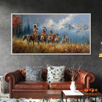 Native American Warriors on Horseback in Autumn Forest, Perfect Wall Art, Framed Canvas Print Living Room or Bedroom Decor, Historical Art