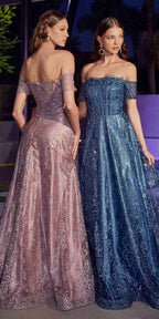 Ladivine J835 Floor Length Off the Shoulder A-line Glitter Print Gown