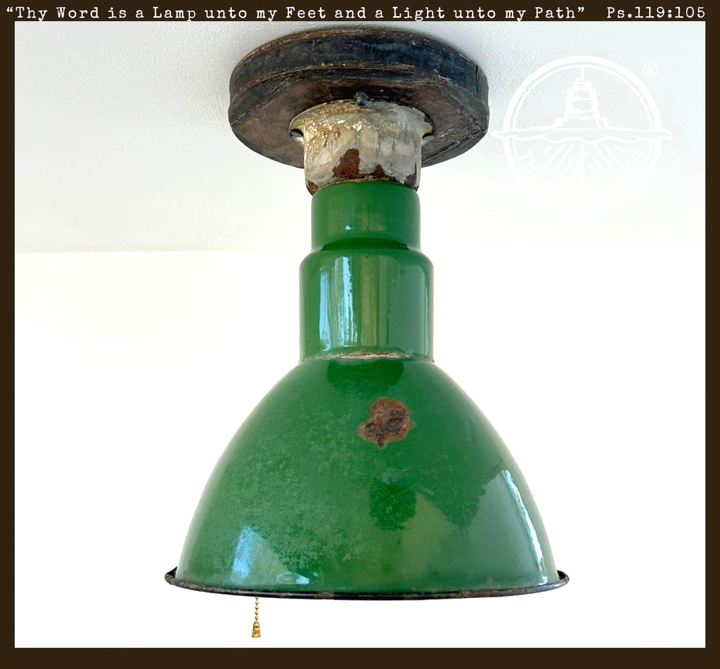 Original Vintage Rustic Industrial Green Enamel Gas Station Ceiling Light