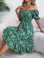 Spring Summer Floral Square Collar Short Sleeve Waist Controlled Ruffled A line Women Clothing