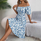 Spring Summer Floral Square Collar Short Sleeve Waist Controlled Ruffled A line Women Clothing