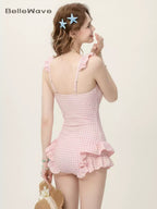 Women's Ruffled One-Piece Swimsuit Plaid Pink