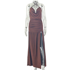 Women Clothing Solid Color Split Asymmetric Wrapped Chest Deep V Plunge neck Sexy Halter Dress
