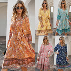 Spring Women's Bohemian Print Dress Long Sleeve V-Neck Tie A-Shape Dress Style