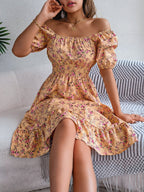 Spring Summer Floral Square Collar Short Sleeve Waist Controlled Ruffled A line Women Clothing