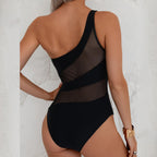 Women's asymmetrical shoulder suspender top translucent mesh swimsuit