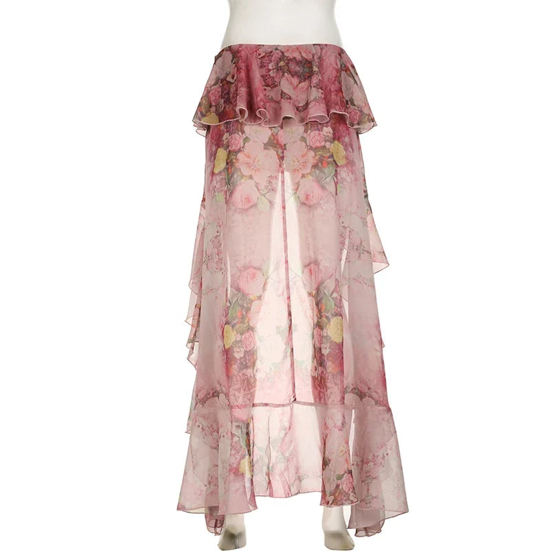 SUCHCUTE Y2K Vacation Floral Printed Long Skirts Holiday Beach Sexy Low Waist Aesthetics Lace Skirt Women Grunge Party Outfits