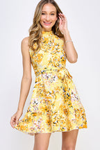 SD0150FLORAL TIE WAIST RUFFLE HEM A-LINE DRESS