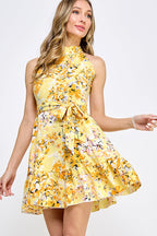 SD0150FLORAL TIE WAIST RUFFLE HEM A-LINE DRESS