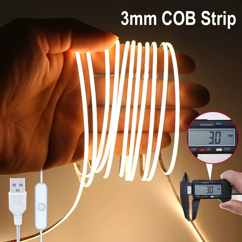 USB-Powered LED COB Strip Light-Flexible Cuttable Tape Light with Adhesive Backing, Push Button Control, for Homes, Kitchens