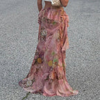 SUCHCUTE Y2K Vacation Floral Printed Long Skirts Holiday Beach Sexy Low Waist Aesthetics Lace Skirt Women Grunge Party Outfits