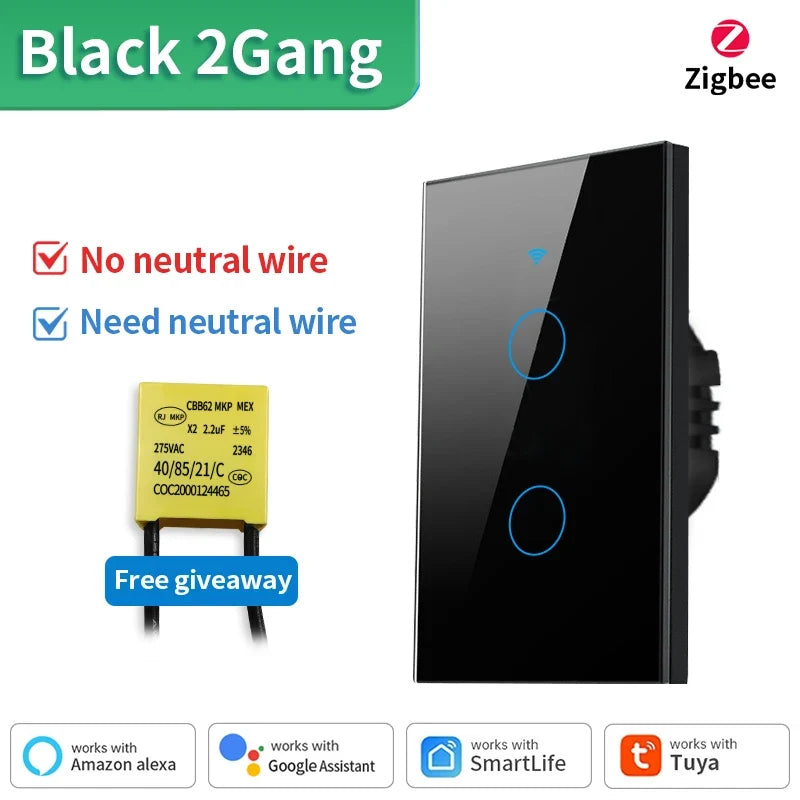 TNCE Tuya WiFi/Zigbee Smart Light Switch, Neutral Wire/No Neutral Wire Required Wall Touch Switch Work with Alexa, Google Home