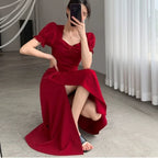 Women Summer V-neck Puff Short-sleeved Dress Elegant Female Side Slit Long A-Line Dresses Solid Sexy Slim Evening Party Vestidos