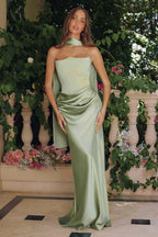 Amoris T816 Matte Satin Bodice Detachable Scarf Column Dress