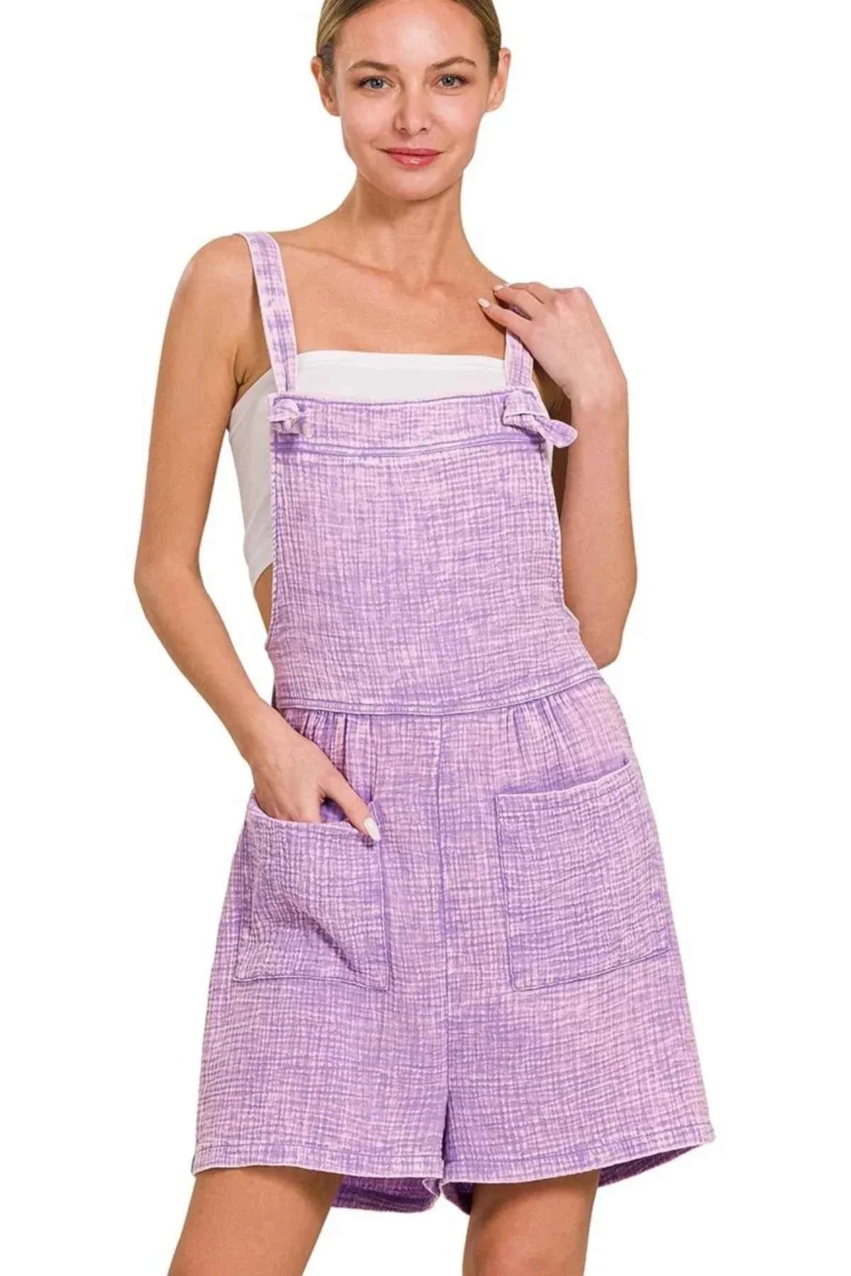 Woven Double Gauze Acid Washed Romper in LAVENDER
