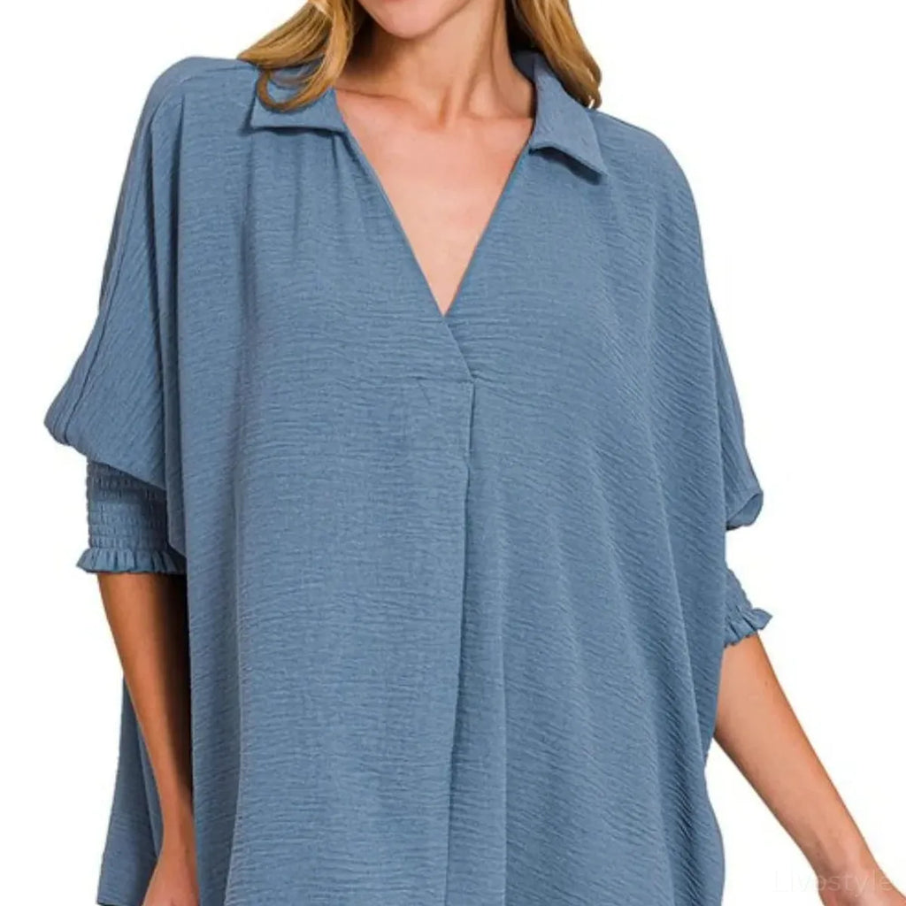Airflow Collar Tee with Smocked Sleeve Band Top in DUSTY BLUE