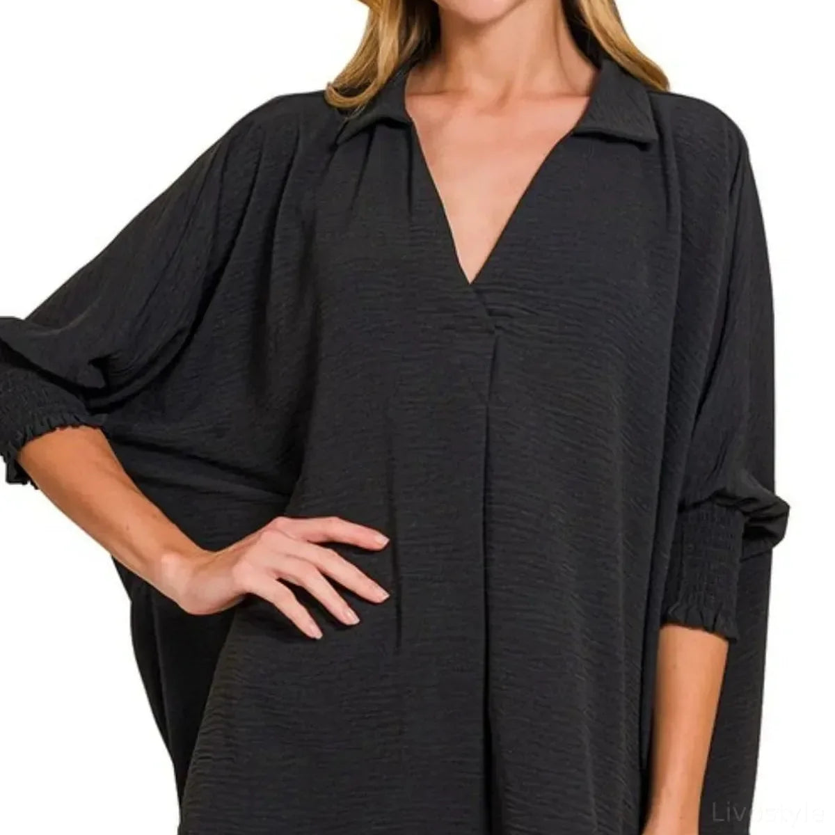 Airflow Collar Tee with Smocked Sleeve Band Top in BLACK