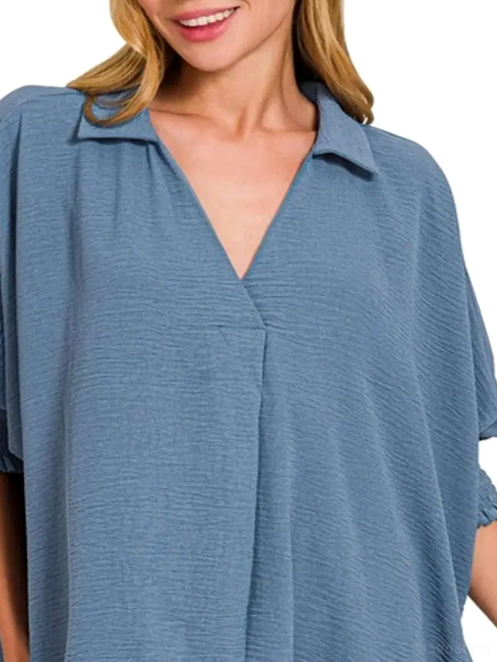Airflow Collar Tee with Smocked Sleeve Band Top in DUSTY BLUE