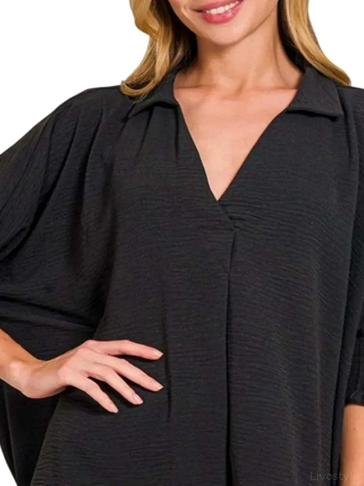 Airflow Collar Tee with Smocked Sleeve Band Top in BLACK