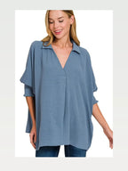 Airflow Collar Tee with Smocked Sleeve Band Top in DUSTY BLUE