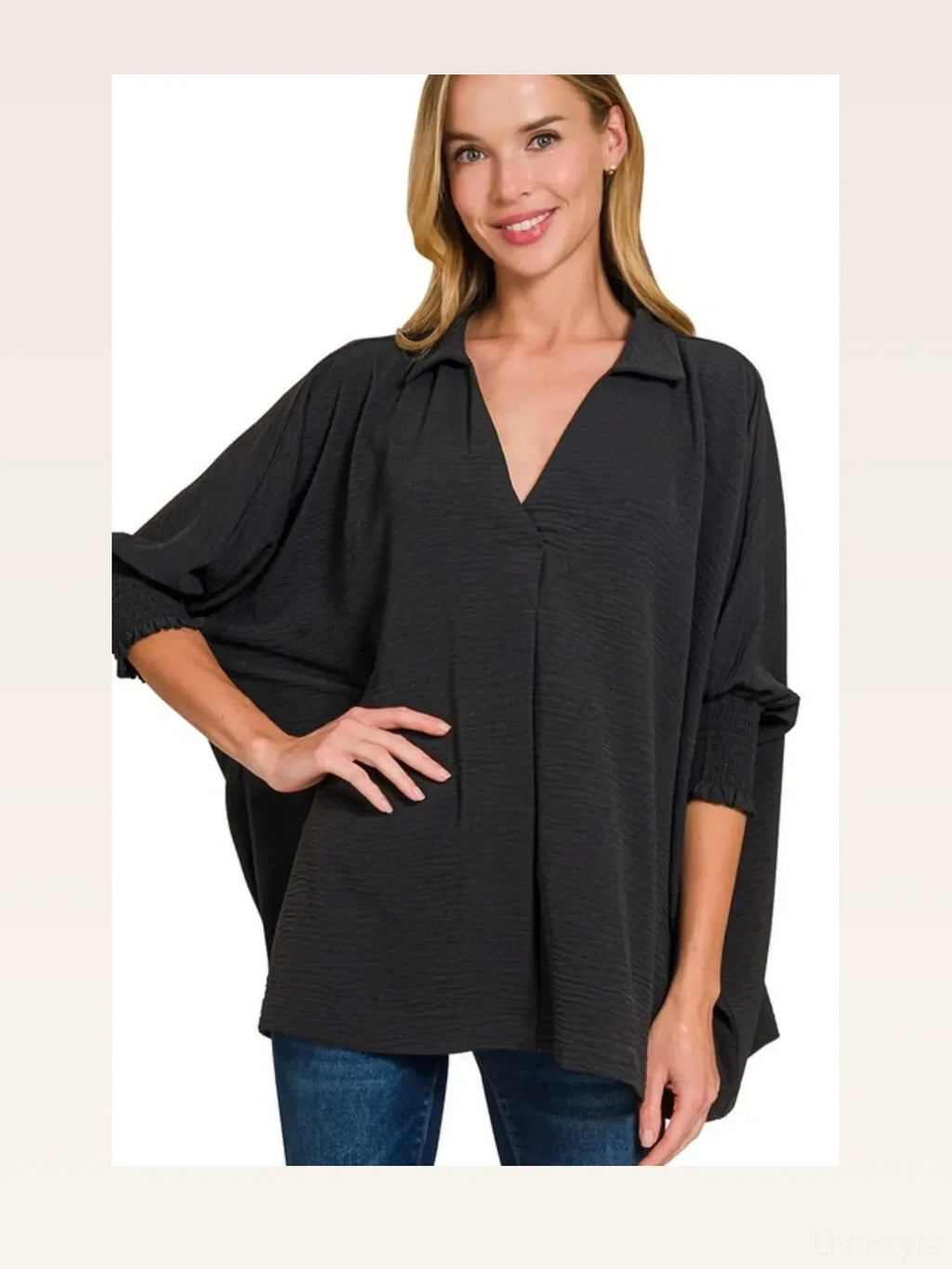Airflow Collar Tee with Smocked Sleeve Band Top in BLACK