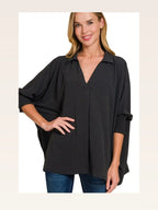 Airflow Collar Tee with Smocked Sleeve Band Top in BLACK