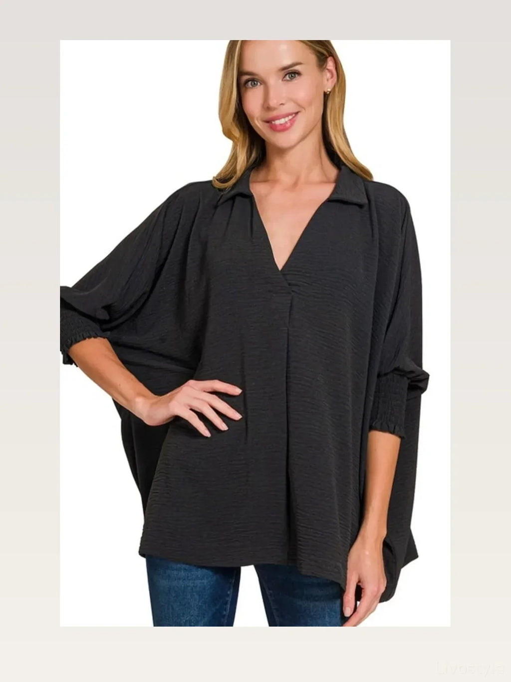Airflow Collar Tee with Smocked Sleeve Band Top in BLACK