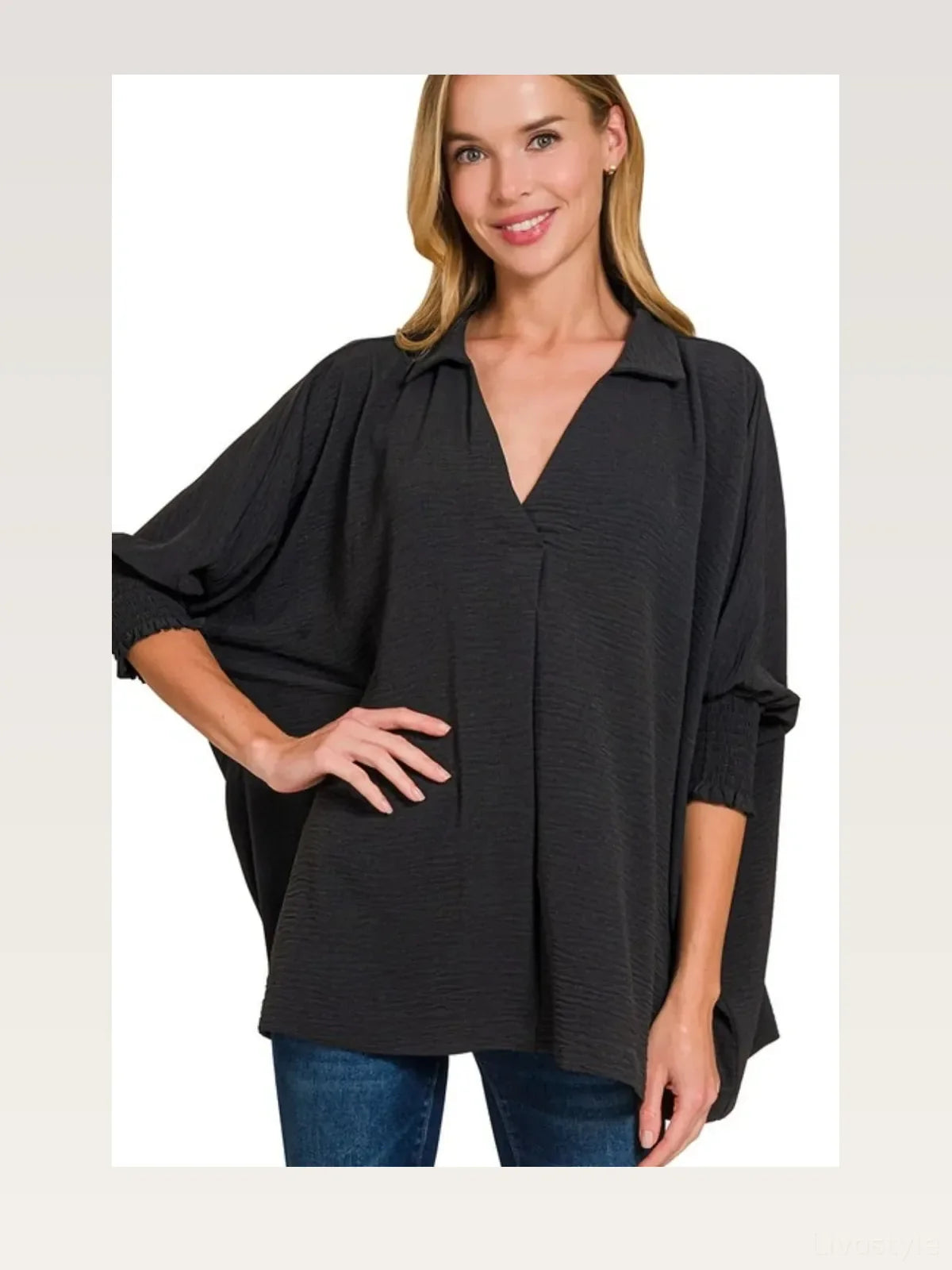 Airflow Collar Tee with Smocked Sleeve Band Top in BLACK
