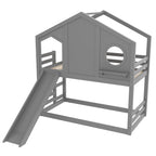 Twin House Bunk Bed with Slide and Storage Shelves