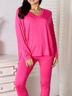 V-Neck Soft Rayon Long Sleeve Top and Pants Lounge Set
