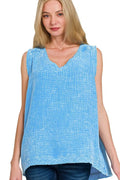 Double Gauze Raw Edge Acid Washed Tank in Deep Sky