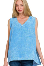 Double Gauze Raw Edge Acid Washed Tank in Deep Sky