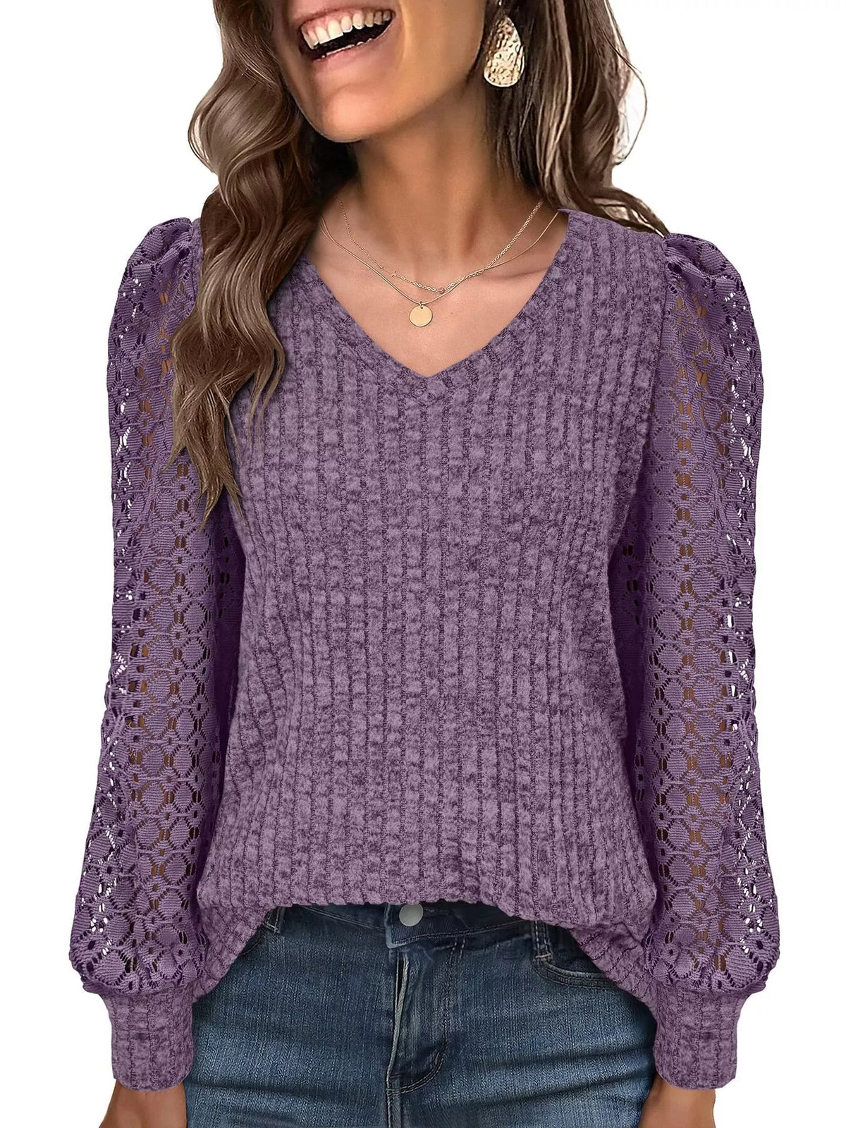Lace Sleeve V-Neck T-Shirt
