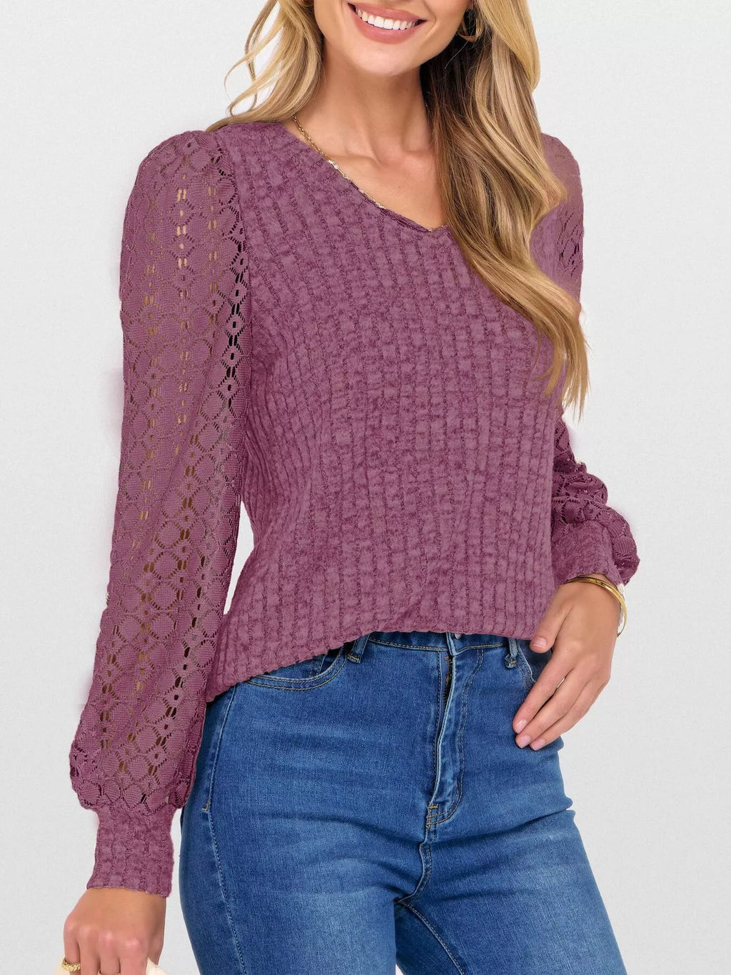 Lace Sleeve V-Neck T-Shirt