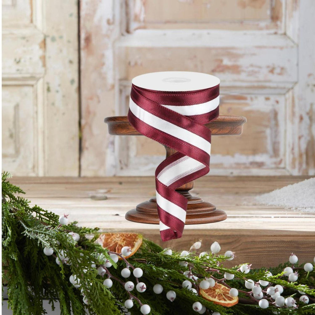 1.5" Satin Team Stripe Ribbon: Maroon & White (10 Yards)