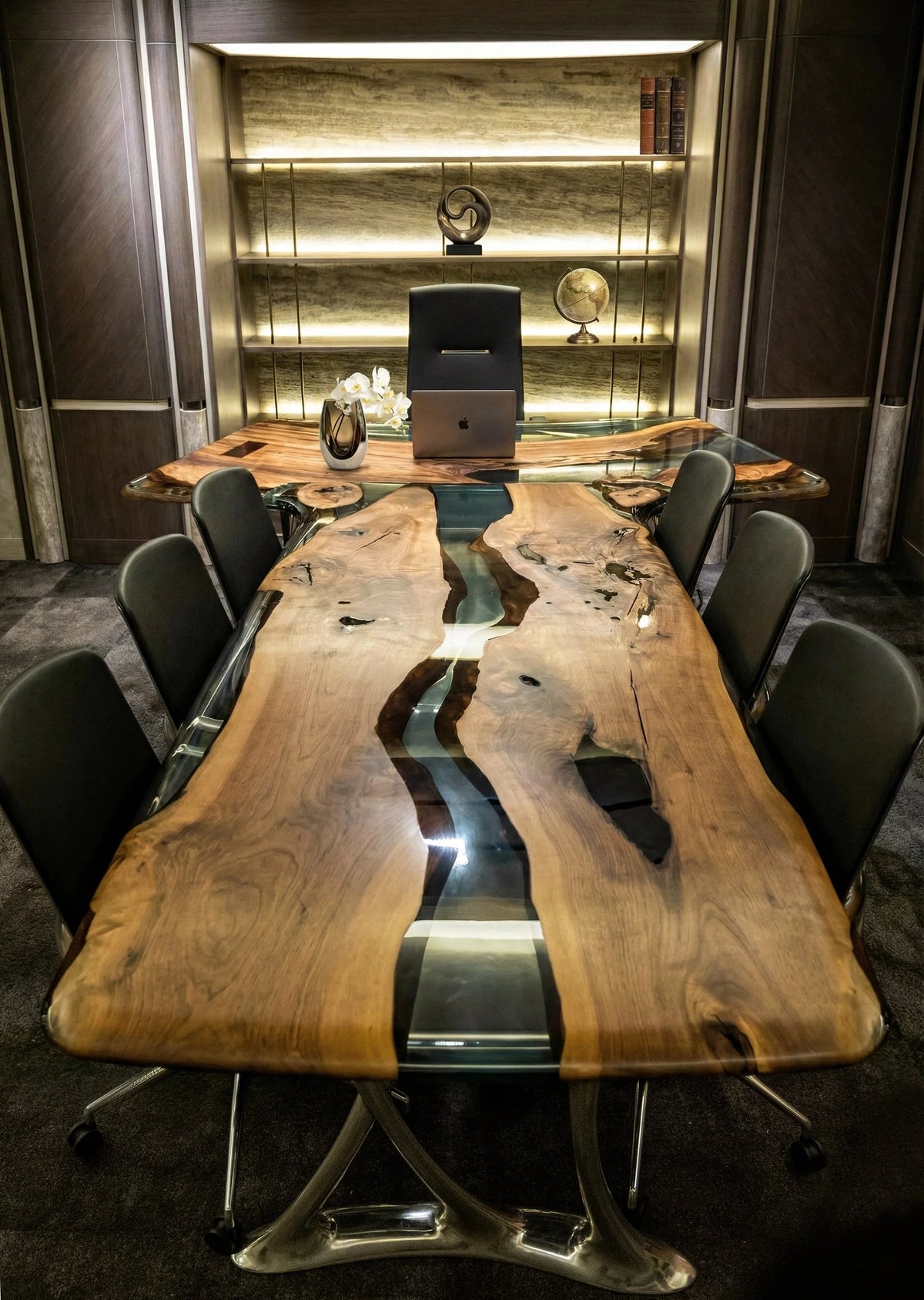 Luxury D-Shaped Walnut & Epoxy Executive Desk
