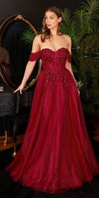 Cinderella Divine CD0198 Long Lace A-Line Gown with Off the Shoulder Sleeves