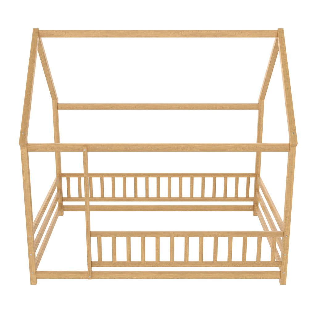 Full Size Floor Wooden Bed with House Roof Frame