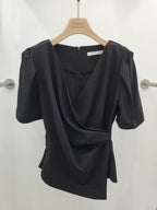 Womens Solid-Color French-Style Chic Asymmetrical Cross V-Neck Short-Sleeve Top