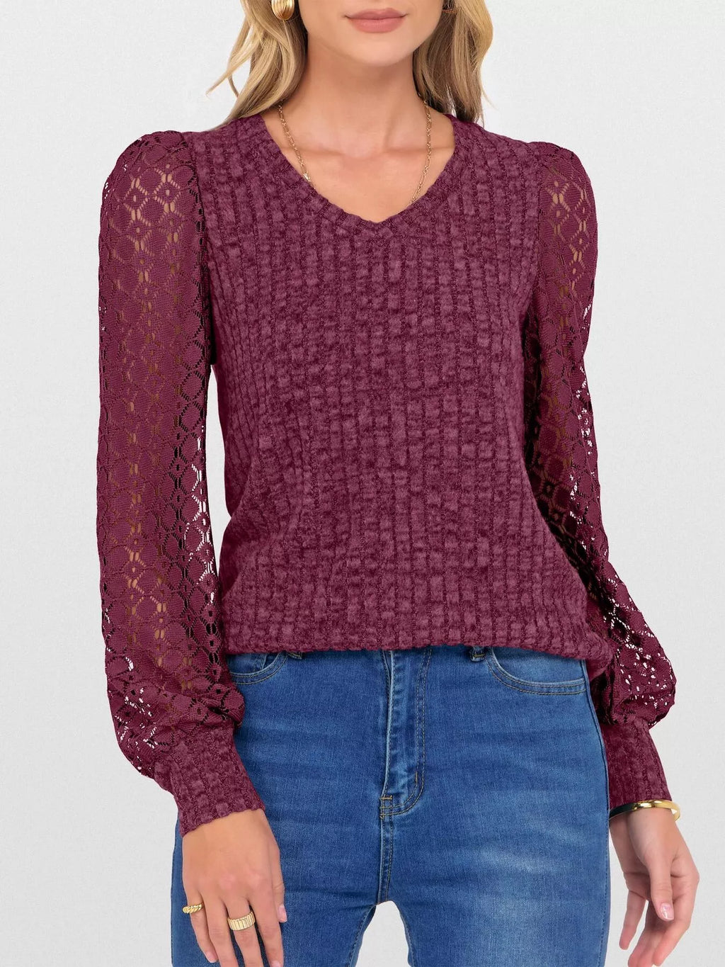 Lace Sleeve V-Neck T-Shirt