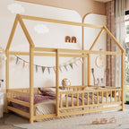Twin Size Floor Wooden Bed with House Roof Frame, Fence Guardrails