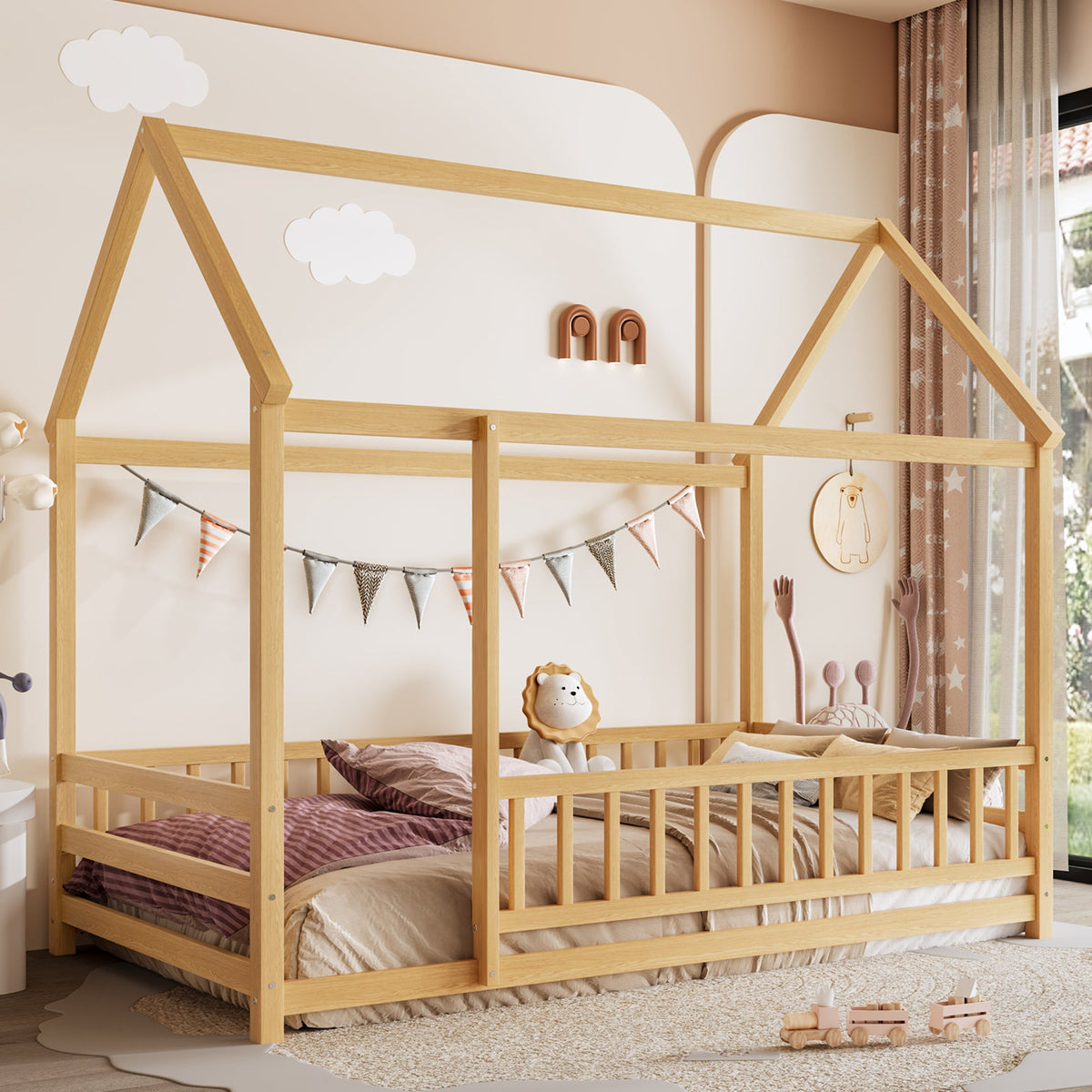 Twin Size Floor Wooden Bed with House Roof Frame, Fence Guardrails