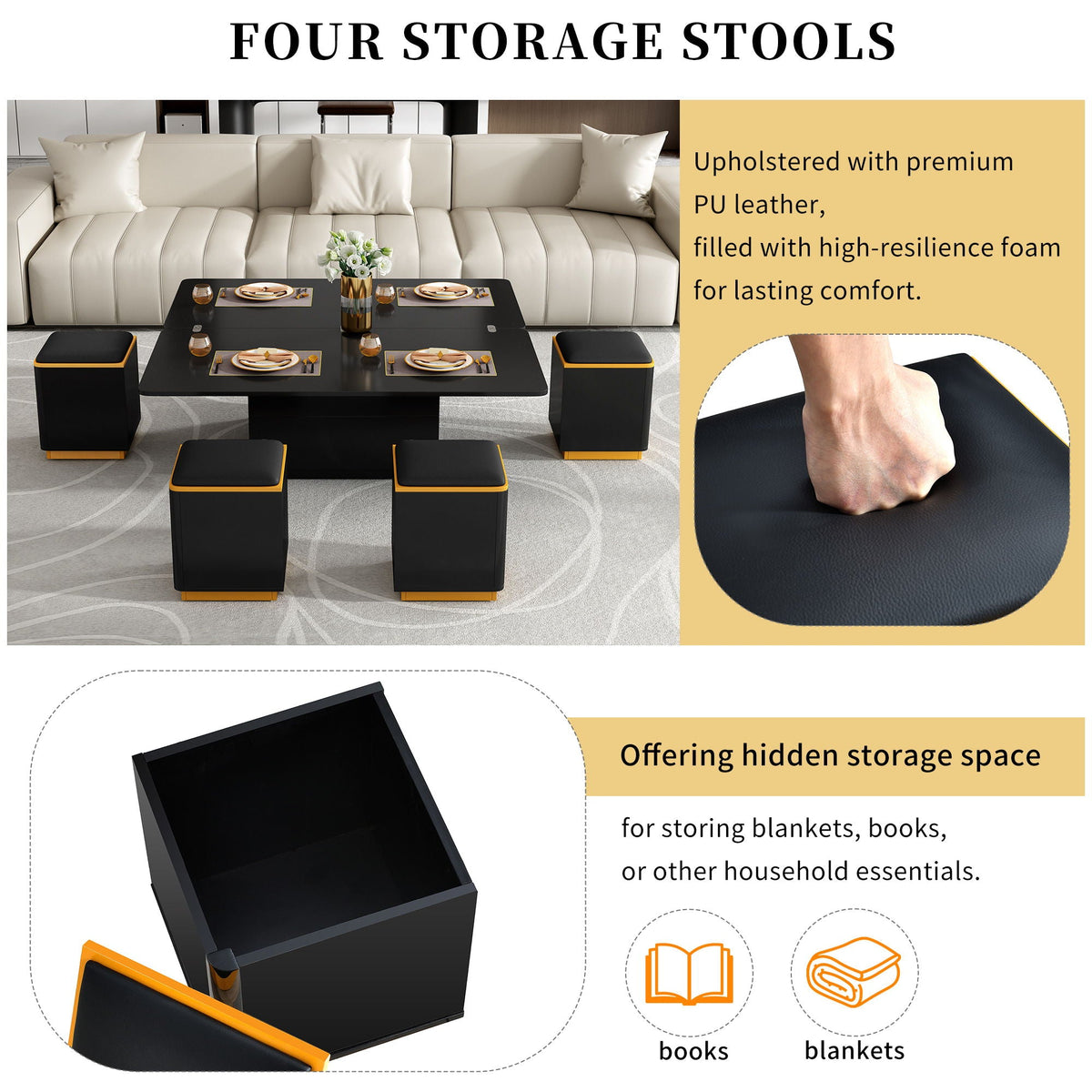 Lift Top Coffee Table With 4 Storage Stools
